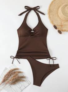 SHEIN Swim 女式常规 2 件套简约纯色休闲比基尼套装，适合夏季 - 咖啡棕 - 查看 8