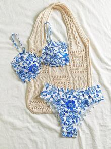 Swim Mod Women's Chinoiserie Floral Ruffle Detail Bandeau Swimwear Set - Multicolor - View 5