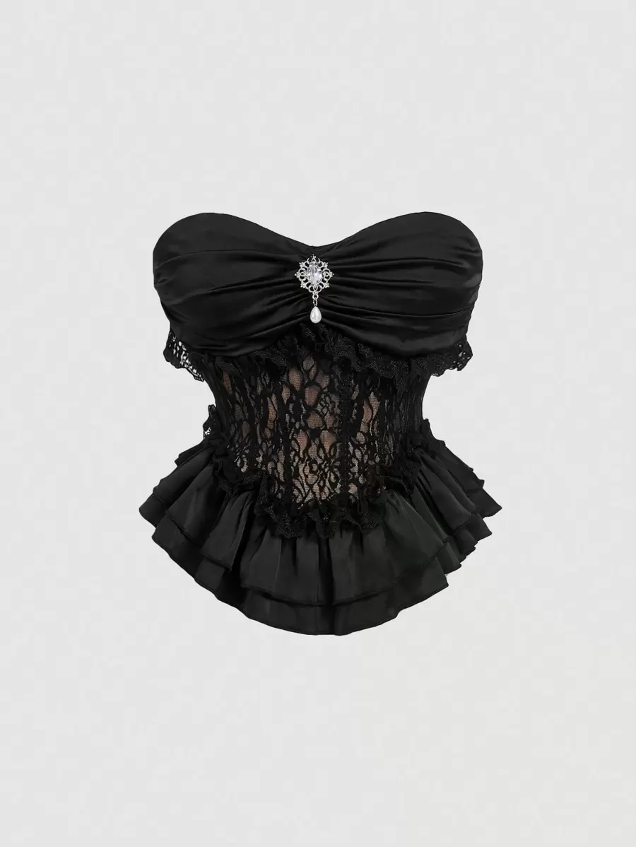 SHEIN MOD 女士复古黑色蕾丝珍珠纽扣装饰紧身胸衣、束身衣、荷叶边上衣、新年女装、度假女装、束身衣、新年上衣 - 黑色 - 查看 1