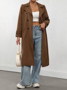 SHEIN Unity Women's Casual Solid Color Double-Breasted Trench Coat Fall Winter Cloth For Women - Brown - View 4