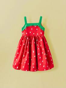 THE HAPPY LOOK Young Girls Green Strap Red Strawberry Print Floral Hem Dress, Cute Party Style