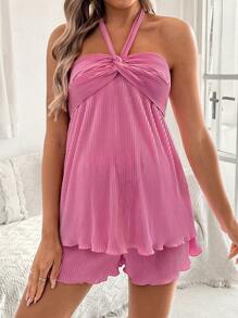 SHEIN 2pcs/Set Maternity Sleeveless Top And Shorts Set, Solid Color, Simple And Fashion, Suitable For Summer - Pink - View 6