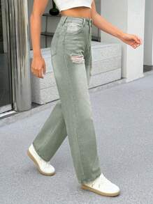 SHEIN PETITE 破洞极简牛仔裤，适合夏季