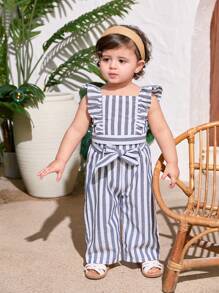 SHEIN Baby Girls Cute Striped Ruffled Crop Top And Pants 2 Pieces Set, Summer - Blue - View 6
