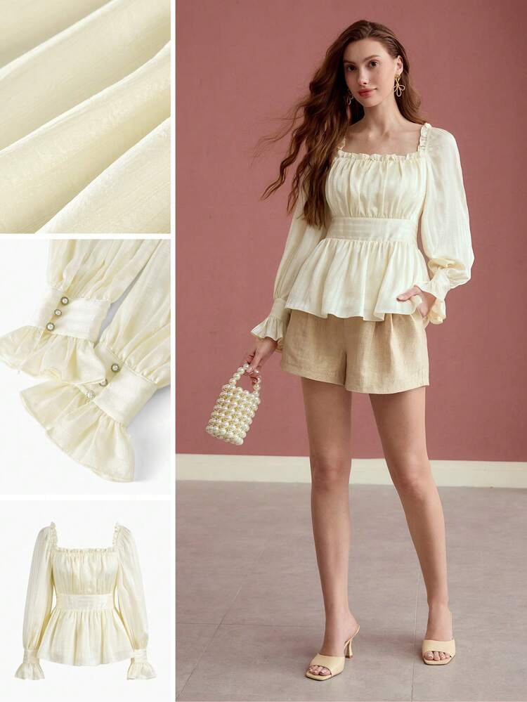 GATHERED FRILL TRIM PEPLUM BLOUSE