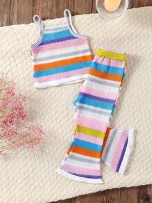 SHEIN 女婴两件套细肩带流苏套装，彩色条纹休闲舒适上衣 + 宽松工装裤，夏季