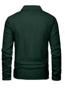 Manfinity Homme 男士提花面料纽扣门襟长袖 Polo 衫，春秋，白色纽扣男士 Polo 衫 - 墨綠色 - 查看 2