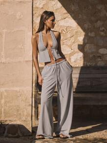 MUSERA Mid Rise Drawstring Waist Wide Leg Casual Trousers Only Summer Cute Vacation Stripe Elegant Fall Autumn Work Office - Blue - View 1