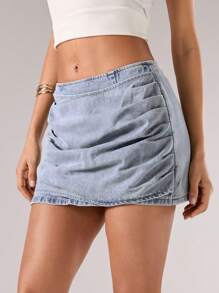 SHEIN BAE Women's Fashion Ruched Wrap Denim Mini Skirt, Summer - Grey - View 7