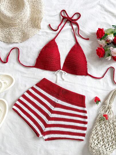 Soleia Bộ 2 áo bikini sọc và áo len dệt kim đi biển, trang trí bãi biển thời trang cho ngày lễ