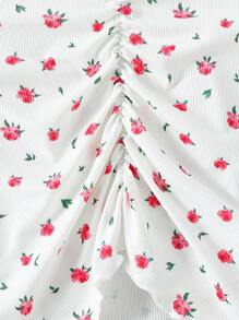 T-shirt slim à manches courtes avec fleurs éparpillées et froncis, pour ados filles - Blanc - Voir 6