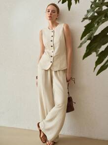 SHEIN x PRISCILA & JIMENA MOTF PREMIUM LINEN SINGLE BREASTED WAISTCOAT