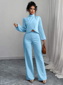 Chiquease Conjunto feminino de 2 peças, gola falsa, bainha assimétrica, manga lanterna - Azul - Ver 4