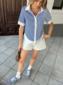 SHEIN PariChic 城市休闲时尚度假风格条纹拼色口袋短袖衬衫 - 寶藍色 - 查看 6