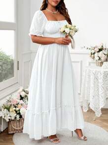 Vionelle Plus Size Sweet Romantic Pink Square Neck Bowknot Ruffle Hem Long Dress Easter Wear - White - View 3