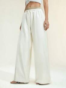 SHEIN Unity Women's Contrast Colorblock Drawstring Waist Wide Leg Trousers , Summer For Women, Sports Wear Fall For Women - Beige - View 1