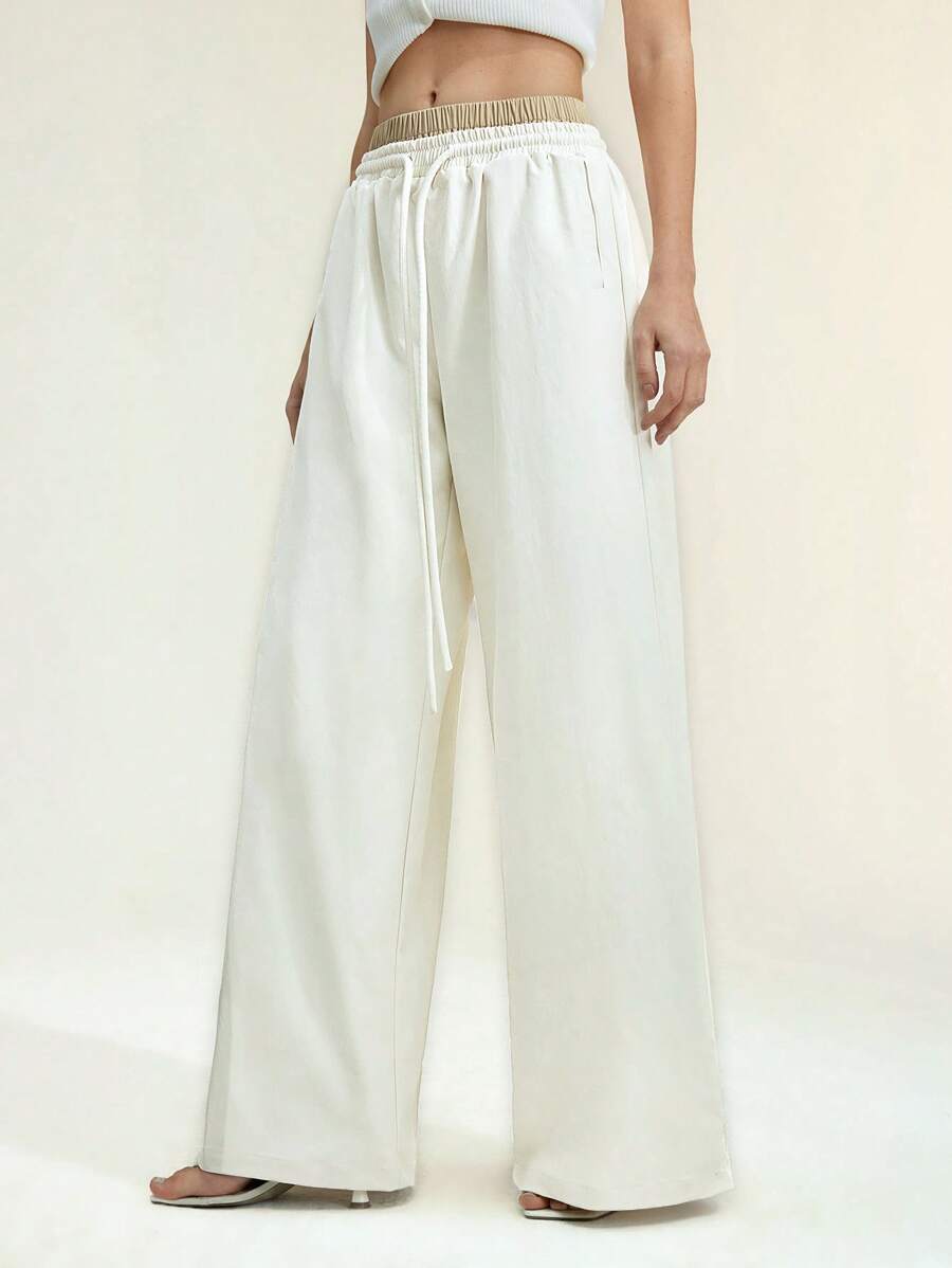SHEIN Unity Women's Contrast Colorblock Drawstring Waist Wide Leg Trousers , Summer For Women, Sports Wear Fall For Women - Beige - View 1