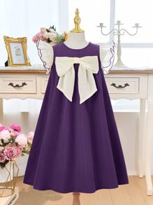 SHEIN 青少年女孩优雅拼色蝴蝶结装饰A字紫色连衣裙，圆领盖袖