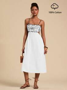 Travachic 度假休闲刺绣镂空腰线 A 字形女式中长吊带裙 - 白色 - 查看 3