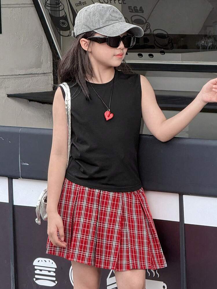 2pcs/Set Tween Girl Round Neck Knitted Sleeveless T-Shirt + Plaid Skirt, Summer Tween Girl Outfits
