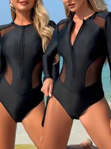 Swim SPRTY Women's Mesh Panel Sexy Slim One Piece Rashguard, Front Zipper, Sporty Beach Swimsuit, Suitable For Spring And Summer - Black - View 2
