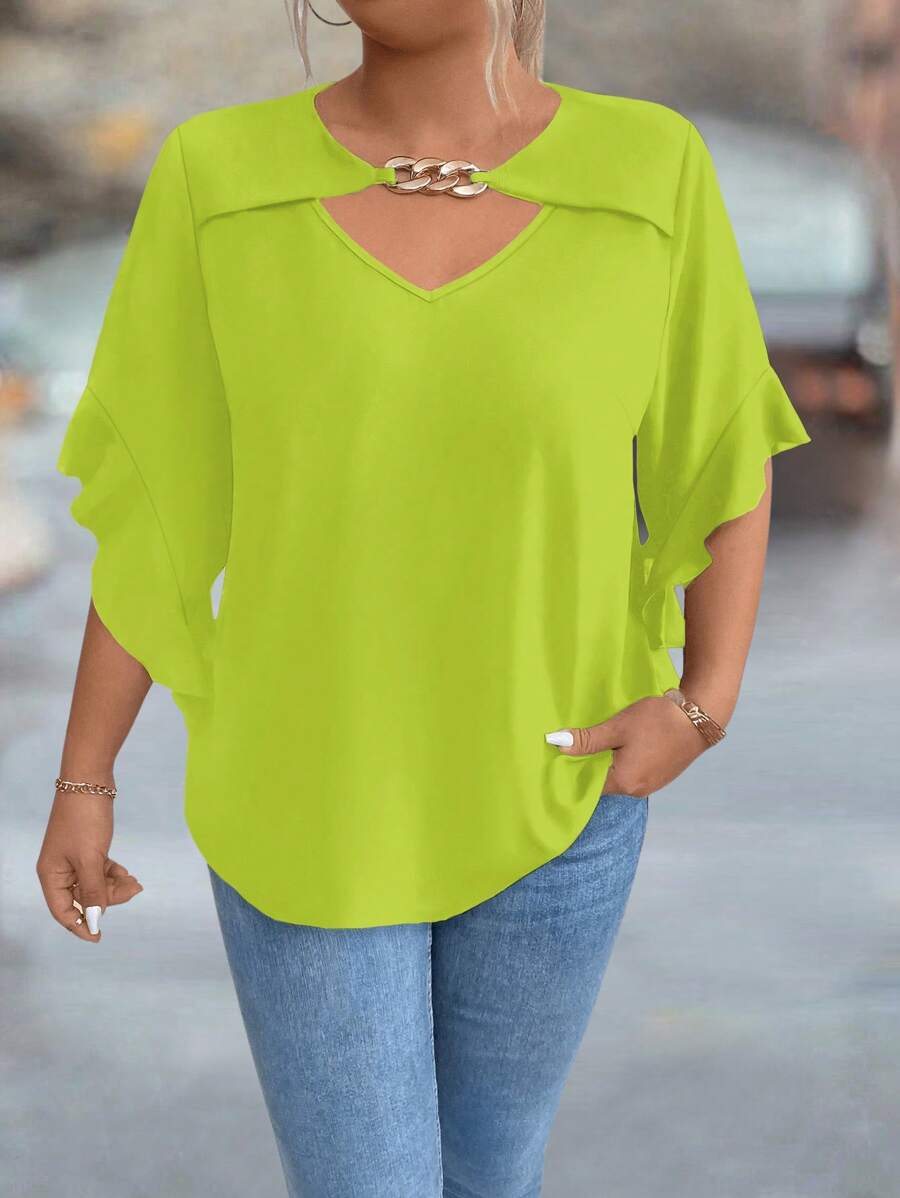 SHEIN Clasi Plus Size Solid Color Hollow Collar Ruffle Sleeve Shirt - Mustard Yellow - View 1