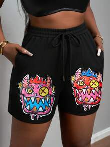 Slaydiva Einfache, lässige, Basic Sport-Shorts mit niedlichem Monster-Grafikdruck, elastischem Bund und Zugband für Frauen - A - Schwarz - Übersicht 6