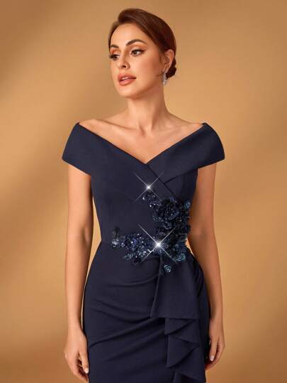 Serin Marinblå Off Shoulder Lyxig spets & paljettbroderi Stretchstickad sjöjungfruklänning, elegant för bröllop, fest, semester, balklänning, brudmamma aftonklänning