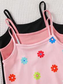 SHEIN Leap Crew 3pcs Set Young Girl Solid Color Snug Fit Casual Jumpsuit & Flower Pattern Knit Casual Jumpsuit Set For Spring - Purple - View 5