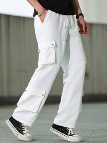 Manfinity Roghcode Men's Solid Color Drawstring Waist Loose Casual Multi-Pocket Cargo Pants,Cargo Pants Men Baggy - White - View 1