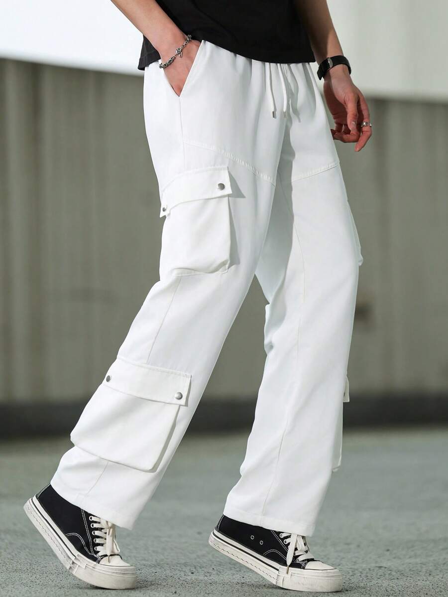 Manfinity Roghcode Men's Solid Color Drawstring Waist Loose Casual Multi-Pocket Cargo Pants,Cargo Pants Men Baggy - White - View 1