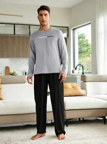 RueChic Men Letter Printed Regular Longsleeve Homewear Set - Grey - View 1