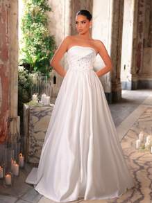 Glamrae 优雅奢华缎面荷叶边长裙，配珍珠和水钻设计，适合婚礼、单身派对、度假 - 米色 - 查看 6