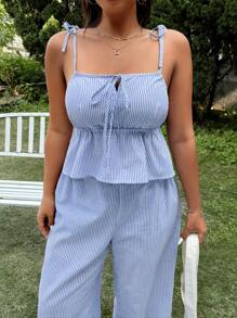 SHEIN EZwear 2 件大码夏季休闲度假露肩条纹系带短款吊带背心上衣和高腰阔腿条纹裤套装 - 淺藍色 - 查看 4