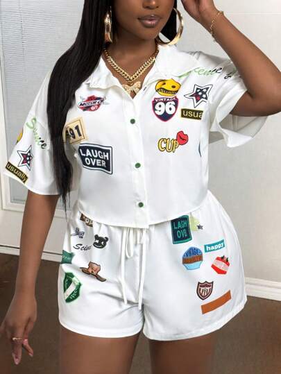 Slaydiva 夏季海滩大码女士休闲和街头服饰春夏两件套，卡通图案印花