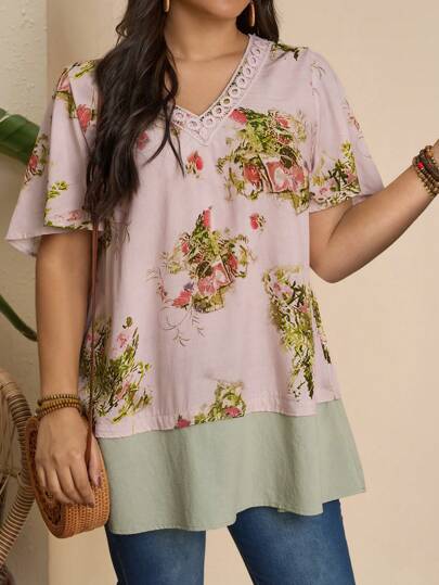 EMERY ROSE 大码花卉印花拼布宽松休闲度假衬衫