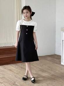 Tween Girl' 白色圆领短款泡泡袖收腰黑色连衣裙 - 黑與白 - 查看 4