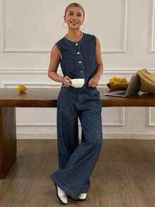 Livesso 女式夏季无袖开襟牛仔背心和牛仔裤两件套休闲装 - 中等水洗藍 - 查看 4