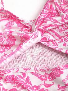 Sweetra French Summer New V-Neck Hollow Out Vacation Elegant Pink Floral Print Sling Dress For Women - Pink - View 4