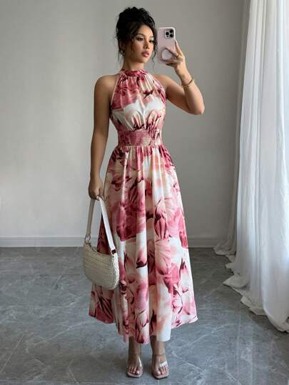 Modelyn Vestido casual largo sin mangas con estampado aleatorio para uso diario, vestido largo de mujer para noche