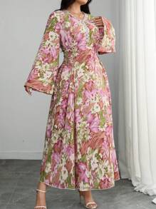 Modelyn Plus Size Woven Floral Print Long Sleeve Tie Waist Ruffle Hem Dress