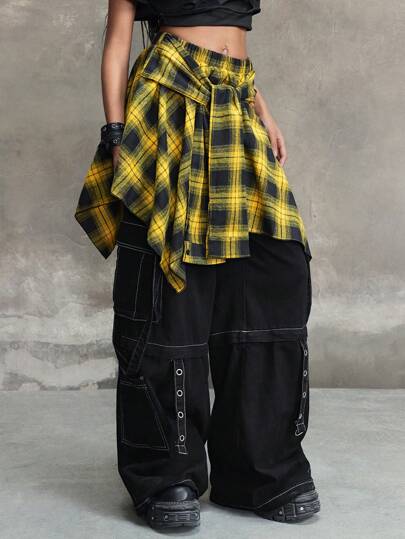 Grunge Punk Kpop Grunge Vintage Distressed Plaid Lace-Up Asymmetric Layered Skirt