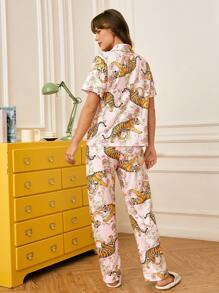 Leopard Plants Print Front Opening Ladies Sleepwear Set - Multicolor - View 2