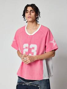ROMWE MEN Prep Men's V-Neck Raglan Sleeve Short Sleeve Number Print Denim Top, Football Style - Pink - View 6