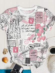 SHEIN LUNE Plus Size Women's Vintage Allover Print Graphic Tees,Retro Casual Summer - Multicolor - View 1
