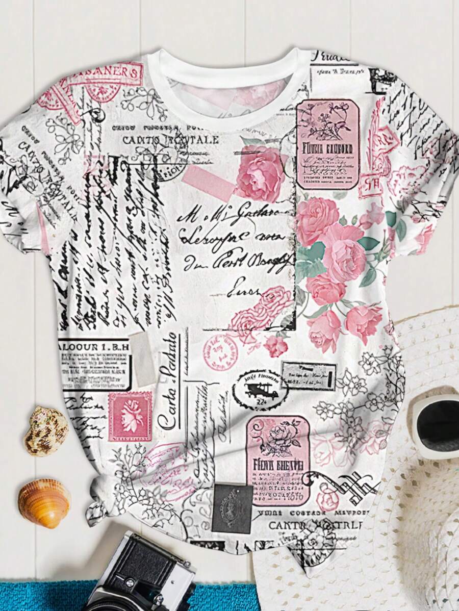 SHEIN LUNE Plus Size Women's Vintage Allover Print Graphic Tees,Retro Casual Summer - Multicolor - View 1