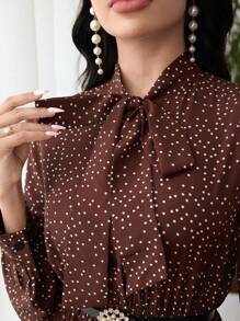 Modelyn Abito lungo con maniche lunghe e plissettato, con stampa all-over, collo a cravatta, vestito maxi da donna per occasioni serali