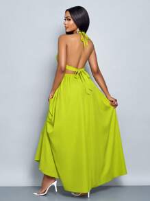 SOLERSUN 女士纯色挂脖 V 领度假海滩交叉系带露背长裙度假海滩装 - 綠色 - 查看 2