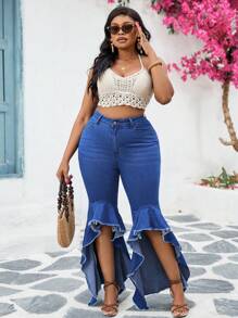 SHEIN VCAY Plus Size Casual Vacation Blue Ruffle Hem Skinny Stretch Flare Jeans Summer,Vacation Woman,Easter,Spring,Western,Office For Women,Rave,Baby Shower ,Cottagecore,Country Women,Old Money Style Women,Going Out,Festival,Rodeo,Airport Jeans - Blue - View 3