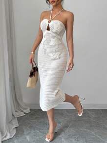 Chiquease New Sexy Fitted Boho Vacation Beach Backless Hollow Halter Lace-Up Women Sweater Dress, Suitable For Spring/Summer